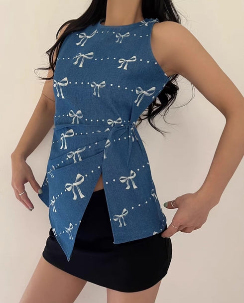 Chic Bow Print Denim Tops